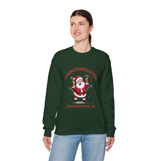 Christmas Sweatshirt - "Overstimulated and Festive AF" Santa Crewneck