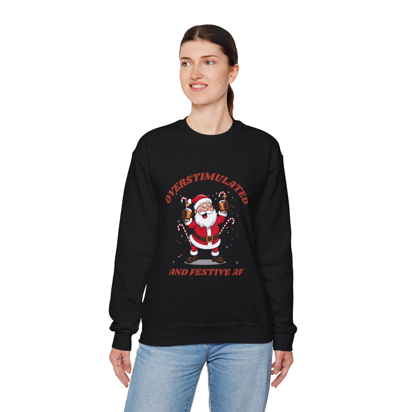Christmas Sweatshirt - "Overstimulated and Festive AF" Santa Crewneck