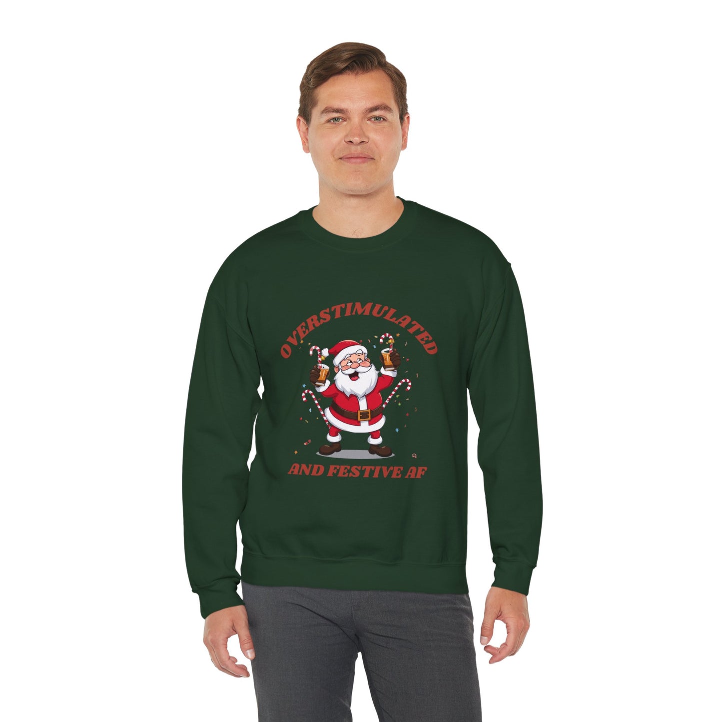 Christmas Sweatshirt - "Overstimulated and Festive AF" Santa Crewneck